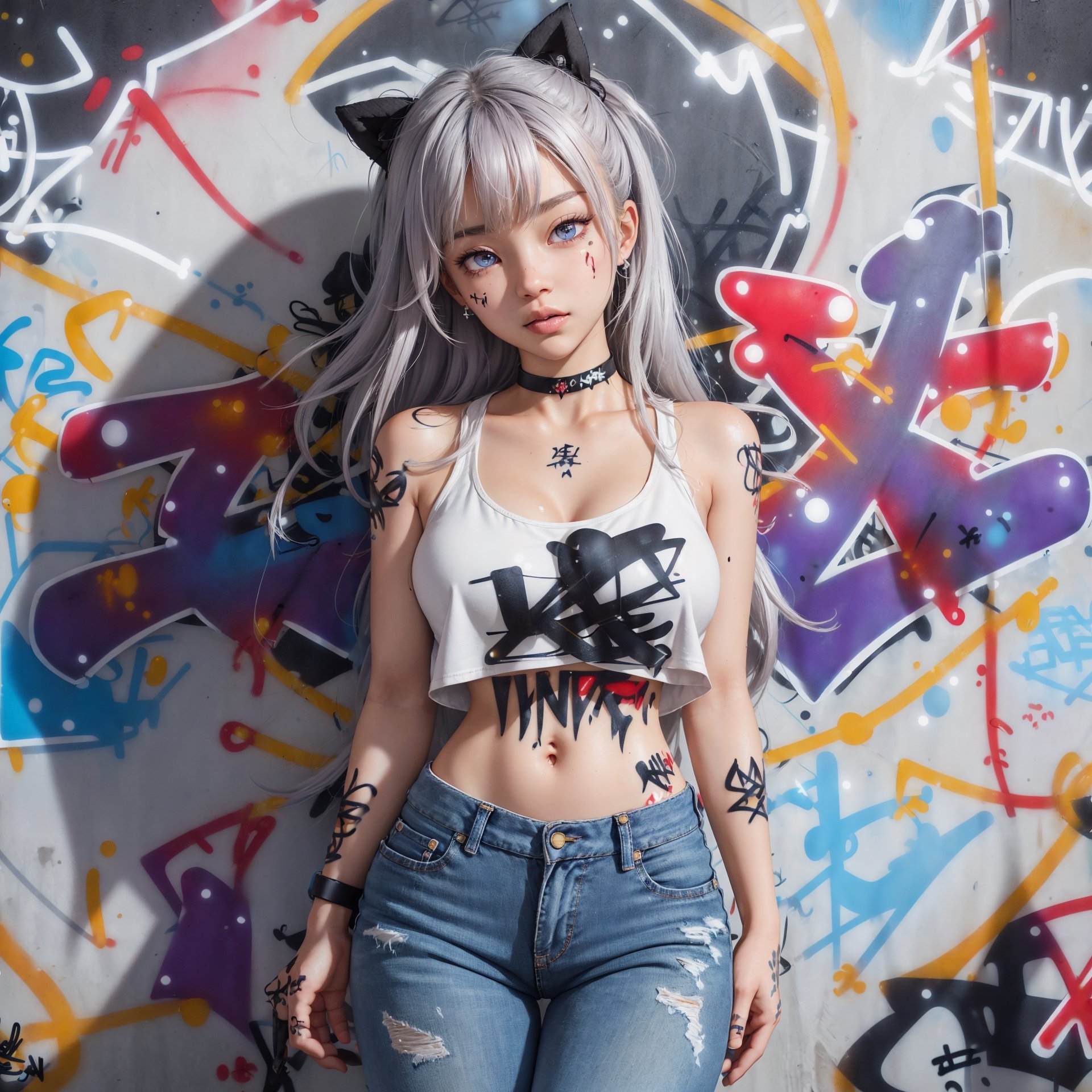 Sangonomiya Kokomi|Genshin Impact, Masterpiece, Best quality, jeans, oversized breasts, only, Crop top, choker, (Graffiti:1.5), Splashes with a purple lightning pattern, arm behind the back, against the wall, View viewers from the front, Thigh strap, Head tilt, bored, water eyes,