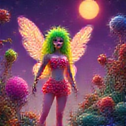 

A vibrant, surreal fantasy world set in an alien-like landscape with colorful, organic shapes resembling plants and creatures. The sky is a deep purple, with glowing cosmic lights. In the center stands a magical fairy-like creature with bright long green, spiky hair and pink skin, wearing a very detailed ruffle flower outfit. She wears ruffle pants delicately stitched together with flower petals. Her intricate wings spread wide behind her as she hovers slightly above the ground. The fairy has an expressive face with piercings and distinct makeup, and she seems to be in control of this strange, whimsical environment. Around her, various quirky creatures with odd shapes and bright colors interact with their bizarre surroundings, which feature twisting vines, bulbous plants, and a glowing orange sun in the background. The scene is playful yet eerie, evoking a sense of otherworldly adventure