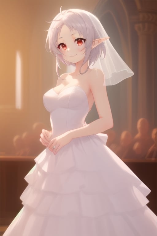 Sylphiette, elf, girl, beautiful, cute, red eyes, short hair, smile, full breasts, slender, wedding dress,

