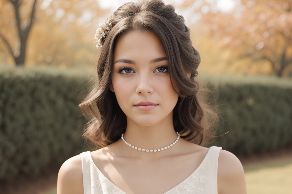 Front view , Autumn style, yellow flowers blooming, depth of field, lighting bokeh as background, pink and white long transparent Boss dress, 1girl, snow-white delicate skin, long light brown curly hair, and a silver hairpin on her head. The blue eyes are a deep lavender color big and charming, wearing  long red scaf, Wrap around the neck and cover the chest, With pale pink lips, charming and cute. FilmGirl, xxmix_girl, detailed eyes, perfact blur eyes, mouth small,  full body,  3d style, light bokeh backgroud,3d style,isni,Movie Still,3d,3d render,Realism,flash,Masterpiece,photorealistic