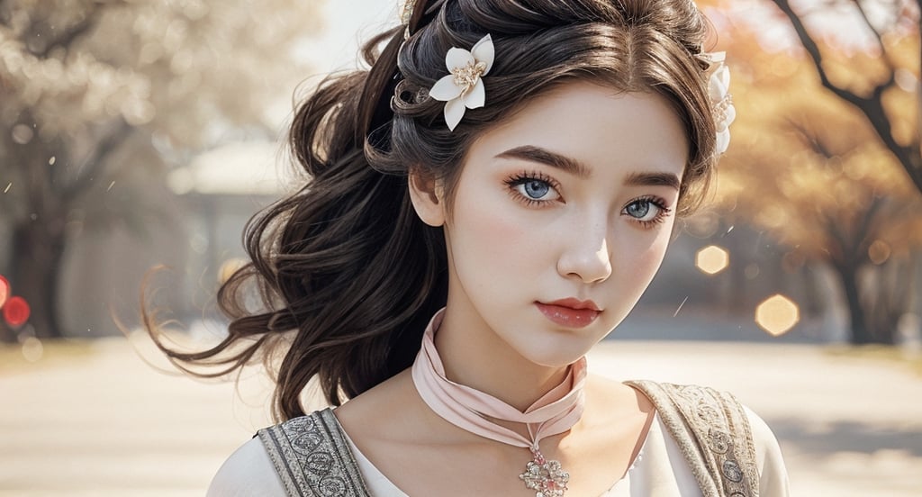 Front view , Autumn style, yellow flowers blooming, depth of field, lighting bokeh as background, pink and white long Boss dress, 1girl, snow-white delicate skin, long light brown curly hair, and a silver hairpin on her head. The eyes are a deep lavender color big and charming, wearing pink and white long Boss dress, and long scaf, Wrap around the neck and cover the chest, full of mysterious stories. With pale pink lips, charming and cute. FilmGirl, xxmix_girl, detailed eyes, perfact eyes, mouth small,  3d style, light bokeh backgroud,3d style,isni,Movie Still,3d,3d render, 