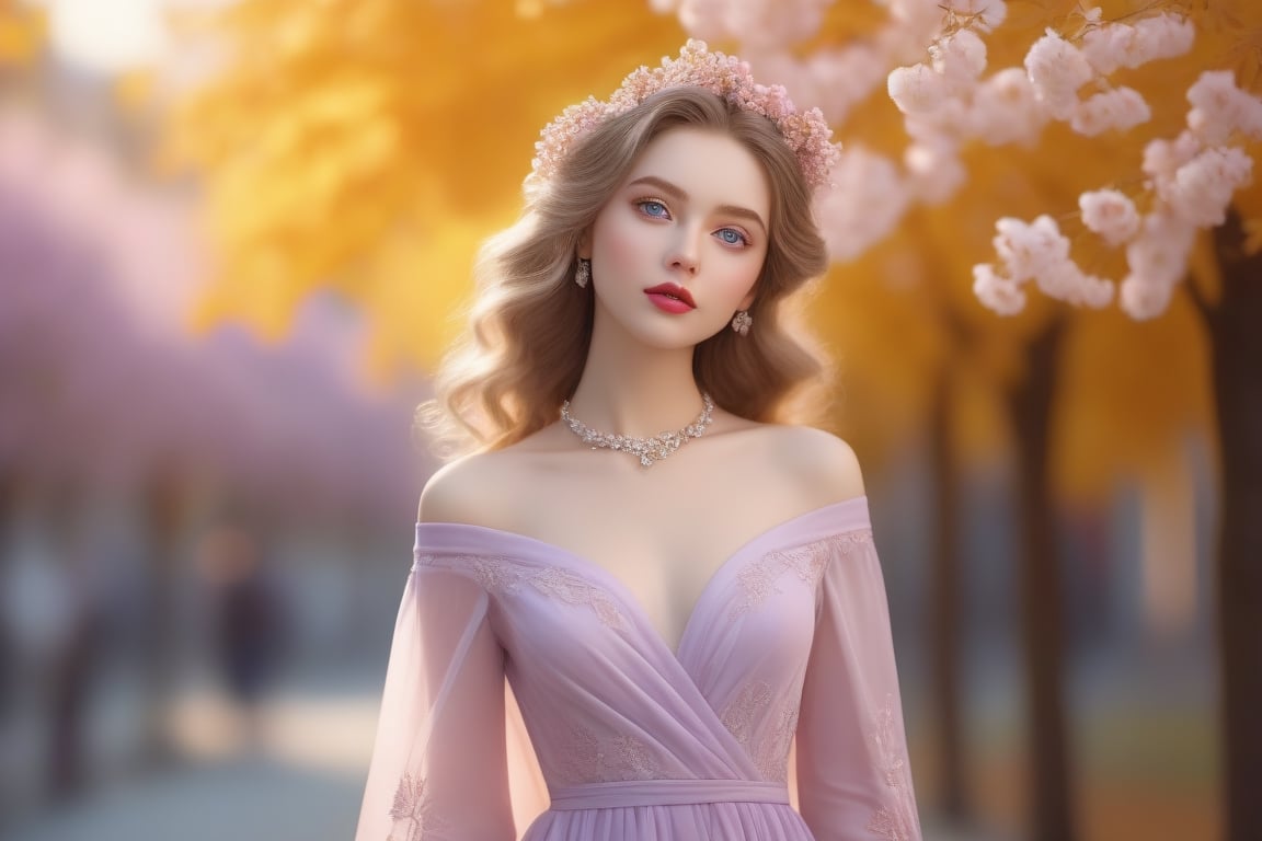 Front view , Autumn style, yellow flowers blooming, depth of field, lighting bokeh as background, pink and white long transparent Boss dress, 1girl, snow-white delicate skin, long light brown curly hair, and a silver hairpin on her head. The blue eyes are a deep lavender color big and charming, wearing  long red scaf, Wrap around the neck and cover the chest, With pale pink lips, charming and cute. FilmGirl, xxmix_girl, detailed eyes, perfact blur eyes, mouth small,  full body,  3d style, light bokeh backgroud,3d style,isni,Movie Still,3d,3d render,Realism,flash,Masterpiece,photorealistic