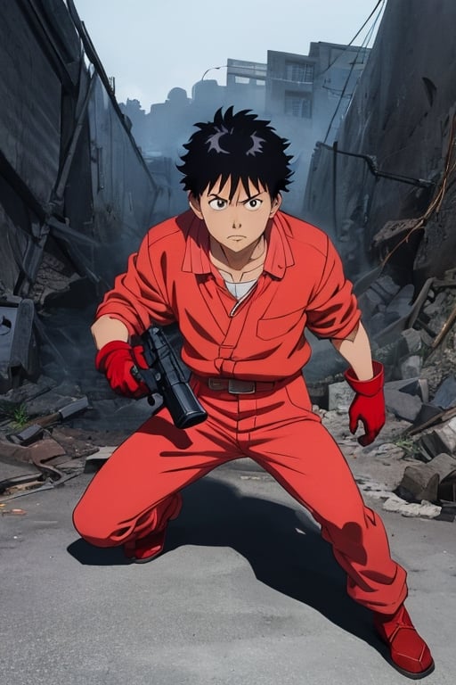 Tetsuo from Akira movie, red clothing, gloves, holding a gun, anime style, midjourney, movie scene