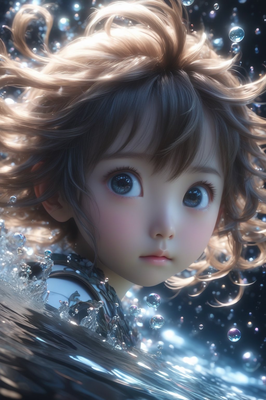 masterpiece, extremely best quality,  official art,  cg 8k wallpaper,  (Fantasy Style:1.1), (face focus,  cute,  masterpiece,  best quality,  1girl,  black background,  solo,  standing,  pixiv:1), 3d,  looking up,  light particle,  highly detailed,  best lighting,  pixiv,  depth of field,  (beautiful face),  fine water surface,  incredibly detailed,  (an extremely  beautiful),  (best quality),yua_mikami