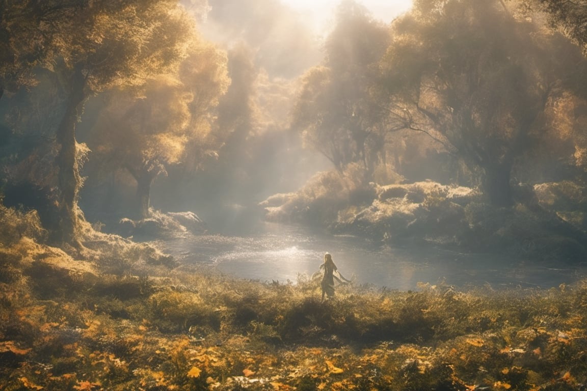 a number of leaves on the ground near a body of water, a picture, beautiful sunrise lighting, bursting with holy light, in the spring forest, absolutely outstanding image, water reflecting suns light, stock photo, sf, intricate artwork masterpiece, ominous, matte painting movie poster, golden ratio, trending on cgsociety, intricate, epic, trending on artstation, by artgerm, h. r. giger and beksinski, highly detailed, vibrant, production cinematic character render, ultra high quality model,Flying elves, dancing on the petals,rayearth