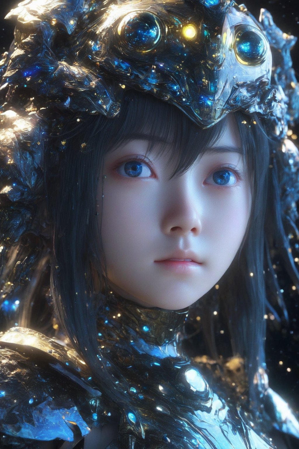 masterpiece, extremely best quality,  official art,  cg 8k wallpaper,  (Fantasy Style:1.1), (face focus,  cute,  masterpiece,  best quality,  1girl,  black background,  solo,  standing,  pixiv:1), 3d,  looking up,  light particle,  highly detailed,  best lighting,  pixiv,  depth of field,  (beautiful face),  fine water surface,  incredibly detailed,  (an extremely  beautiful),  (best quality),yua_mikami,Renaissance Sci-Fi Fantasy,bl3uprint,ksaqua,Enhanced Reality,3D Render Style,Sci-fi ,3l3ctronics,dripping paint,DonMChr0m4t3rr4XLFrontal face, subtle expressions,EpicSky