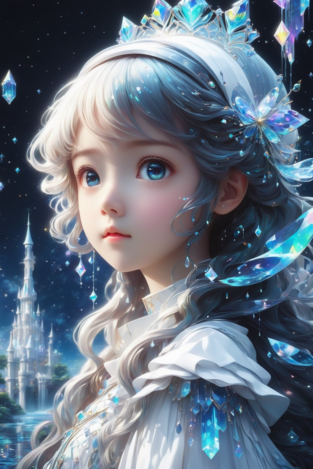 masterpiece, extremely best quality,  official art,  cg 8k wallpaper,  (Fantasy Style:1.1), (face focus,  cute,  masterpiece,  best quality,  1girl,  black background,  solo,  standing,  pixiv:1), 3d,  looking up,  light particle,  highly detailed,  best lighting,  pixiv,  depth of field,  (beautiful face),  fine water surface,  incredibly detailed,  (an extremely  beautiful),  (best quality),yua_mikami,Renaissance Sci-Fi Fantasy,bl3uprint,ksaqua,Enhanced Reality,3D Render Style,Sci-fi ,3l3ctronics,dripping paint,DonMChr0m4t3rr4XL Princess costumes, white theme, palace background