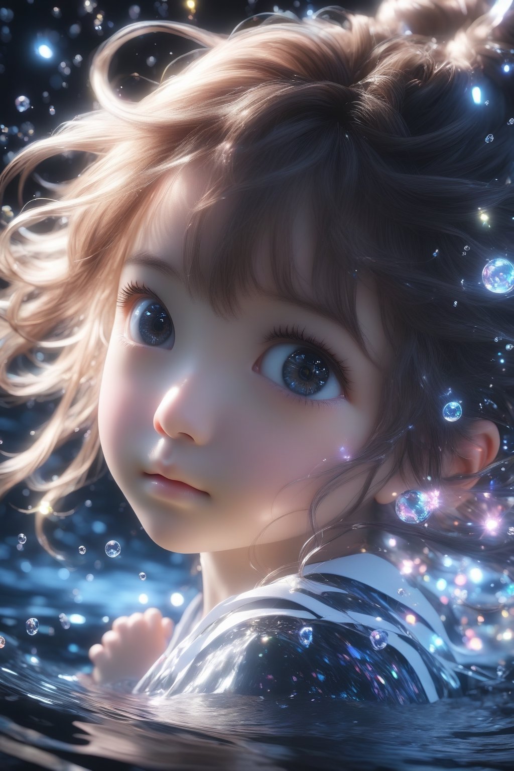 masterpiece, extremely best quality,  official art,  cg 8k wallpaper,  (Fantasy Style:1.1), (face focus,  cute,  masterpiece,  best quality,  1girl,  black background,  solo,  standing,  pixiv:1), 3d,  looking up,  light particle,  highly detailed,  best lighting,  pixiv,  depth of field,  (beautiful face),  fine water surface,  incredibly detailed,  (an extremely  beautiful),  (best quality),yua_mikami