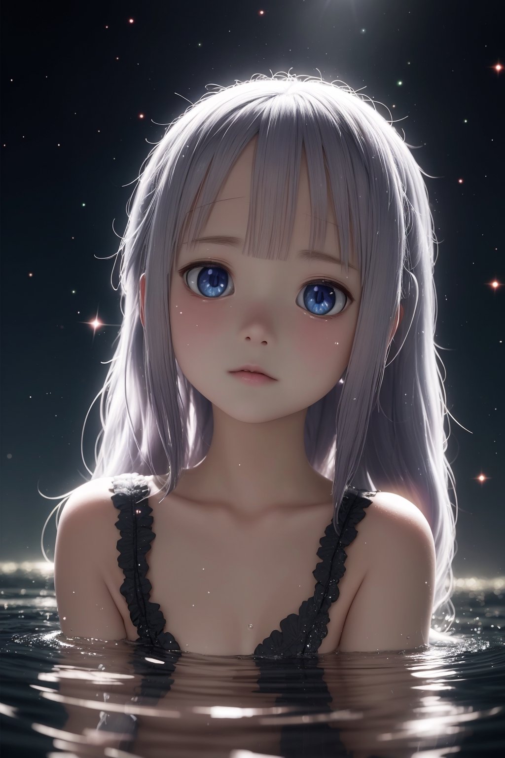 masterpiece, extremely best quality,  official art,  cg 8k wallpaper,  (Fantasy Style:1.1), (face focus,  cute,  masterpiece,  best quality,  1girl,  black background,  solo,  standing,  pixiv:1), 3d,  looking up,  light particle,  highly detailed,  best lighting,  pixiv,  depth of field,  (beautiful face),  fine water surface,  incredibly detailed,  (an extremely  beautiful),  (best quality),yua_mikami,Kanna Kamui 