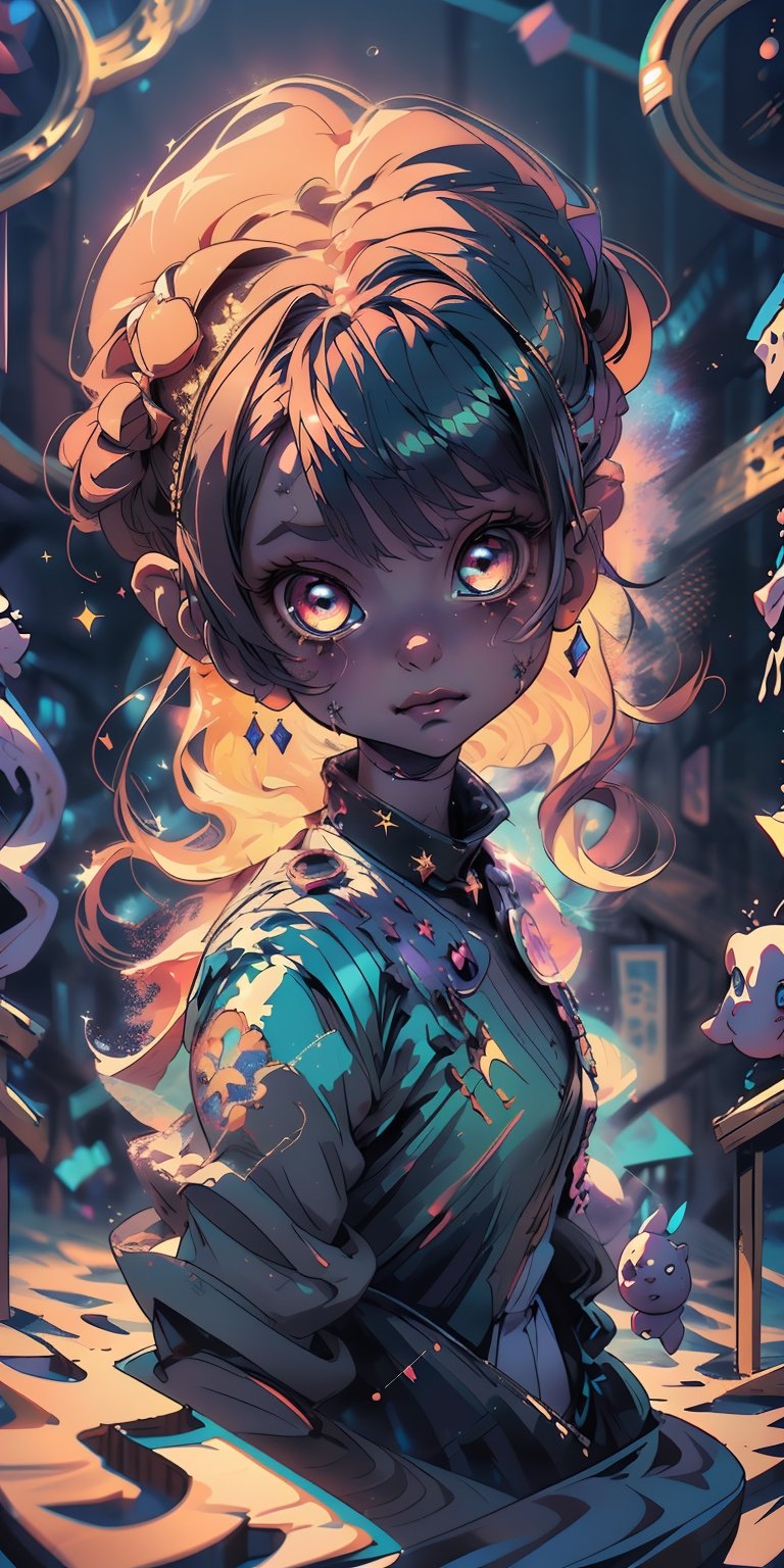 (best quality, masterpiece), 1girl, looking at viewer, blurry background, upper body, contemporary, dress,glitter,chibi,shiny,IncrsAnyasHehFaceMeme,horror,fantasy00d