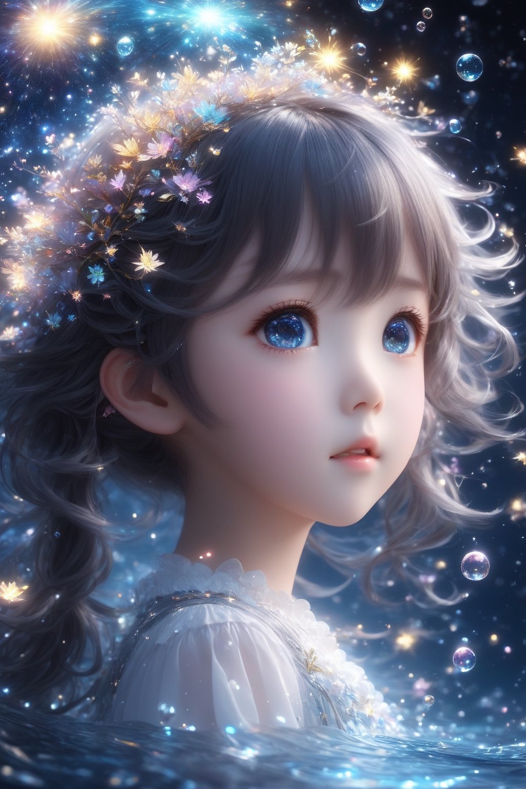 masterpiece, extremely best quality,  official art,  cg 8k wallpaper,  (Fantasy Style:1.1), (face focus,  cute,  masterpiece,  best quality,  1girl,  black background,  solo,  standing,  pixiv:1), 3d,  looking up,  light particle,  highly detailed,  best lighting,  pixiv,  depth of field,  (beautiful face),  fine water surface,  incredibly detailed,  (an extremely  beautiful),  (best quality),yua_mikami