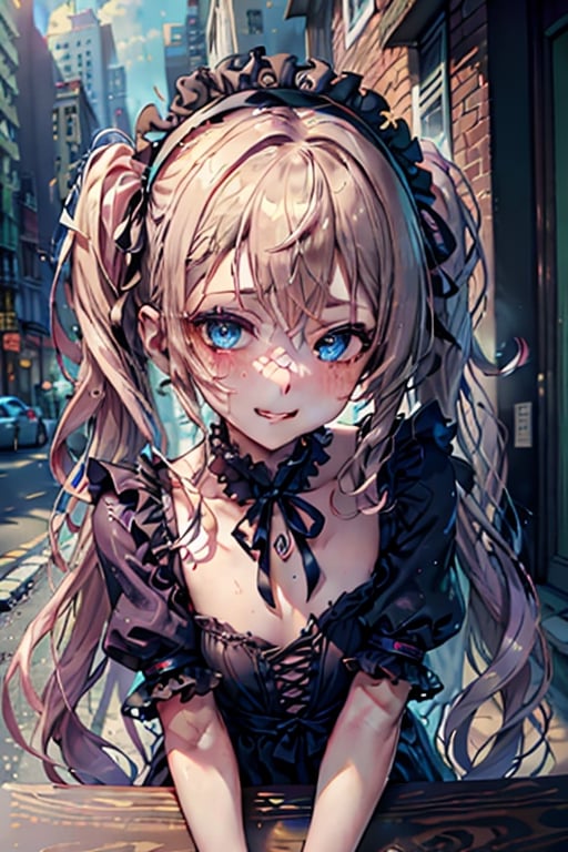 (best quality:1.1), (masterpiece:1.4), (absurdres:1.0),  portrait, close-up,1girl, ekaterina kurae, twintails, low-tied_long_hair, hair ends, very long hair, blonde hair, flat chest, blue eyes, black dress, maid headdress, neck ribbon, looking at viewer, outdoors, (blush:1.2), city, smile,,FFIXBG,fantasy00d