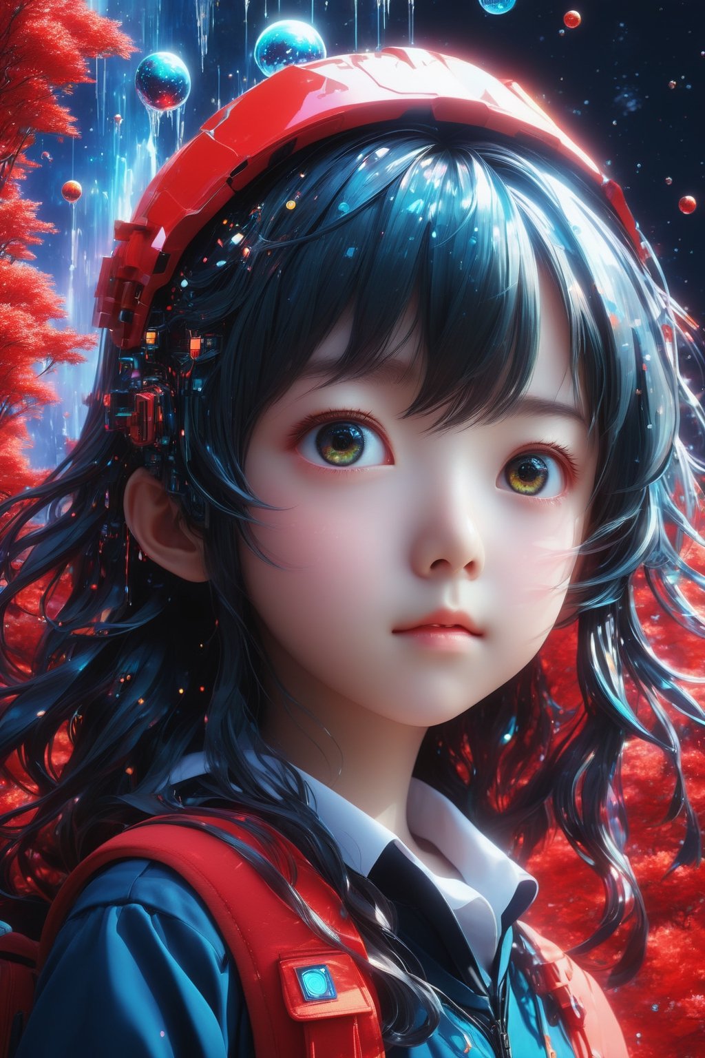 masterpiece, extremely best quality,  official art,  cg 8k wallpaper,  (Fantasy Style:1.1), (face focus,  cute,  masterpiece,  best quality,  1girl,  black background,  solo,  standing,  pixiv:1), 3d,  looking up,  light particle,  highly detailed,  best lighting,  pixiv,  depth of field,  (beautiful face),  fine water surface,  incredibly detailed,  (an extremely  beautiful),  (best quality),yua_mikami,Renaissance Sci-Fi Fantasy,bl3uprint,ksaqua,Enhanced Reality,3D Render Style,Sci-fi ,3l3ctronics,dripping paint,DonMChr0m4t3rr4XL ,Wearing school uniform, red theme, looking up