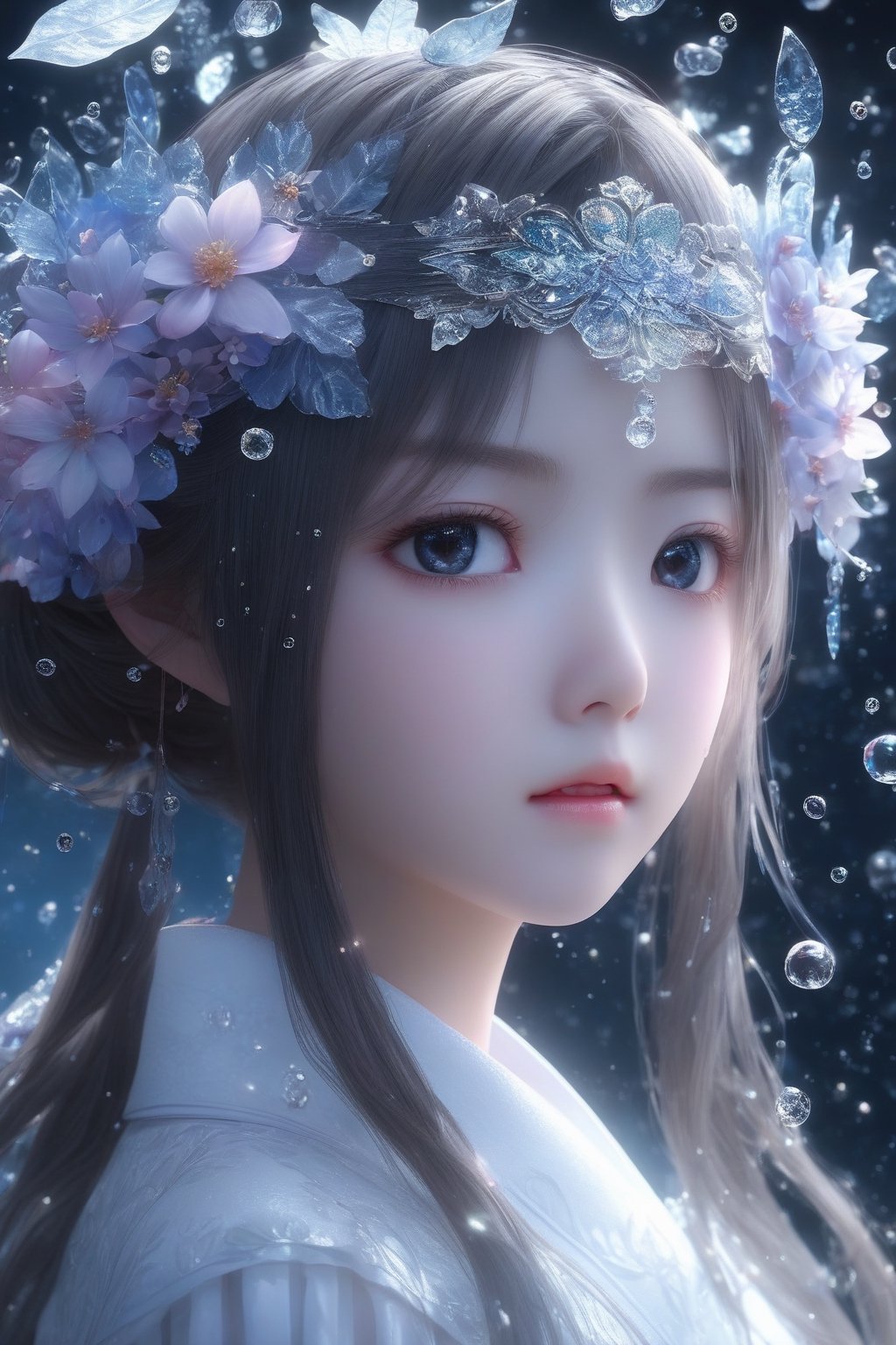 masterpiece, extremely best quality,  official art,  cg 8k wallpaper,  (Fantasy Style:1.1), (face focus,  cute,  masterpiece,  best quality,  1girl,  black background,  solo,  standing,  pixiv:1), 3d,  looking up,  light particle,  highly detailed,  best lighting,  pixiv,  depth of field,  (beautiful face),  fine water surface,  incredibly detailed,  (an extremely  beautiful),  (best quality),yua_mikami,ice and water,Flower Blindfold,Leaf