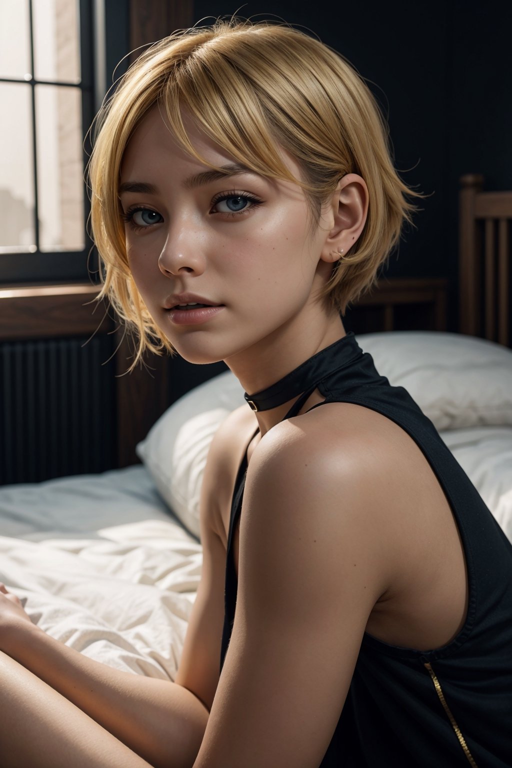 (masterpiece), science fiction, scenery,a 20 yo woman, blonde, (hi-top fade:1.3), (gold eyes, makeup), curly_hair, dark theme, soothing tones, muted colors, high contrast, (natural skin texture, hyperrealism, soft light, sharp), bangs, Lying on the bed,,chinatsumura,girl,halloweentech ,renaissance,HellAI,LinkGirl