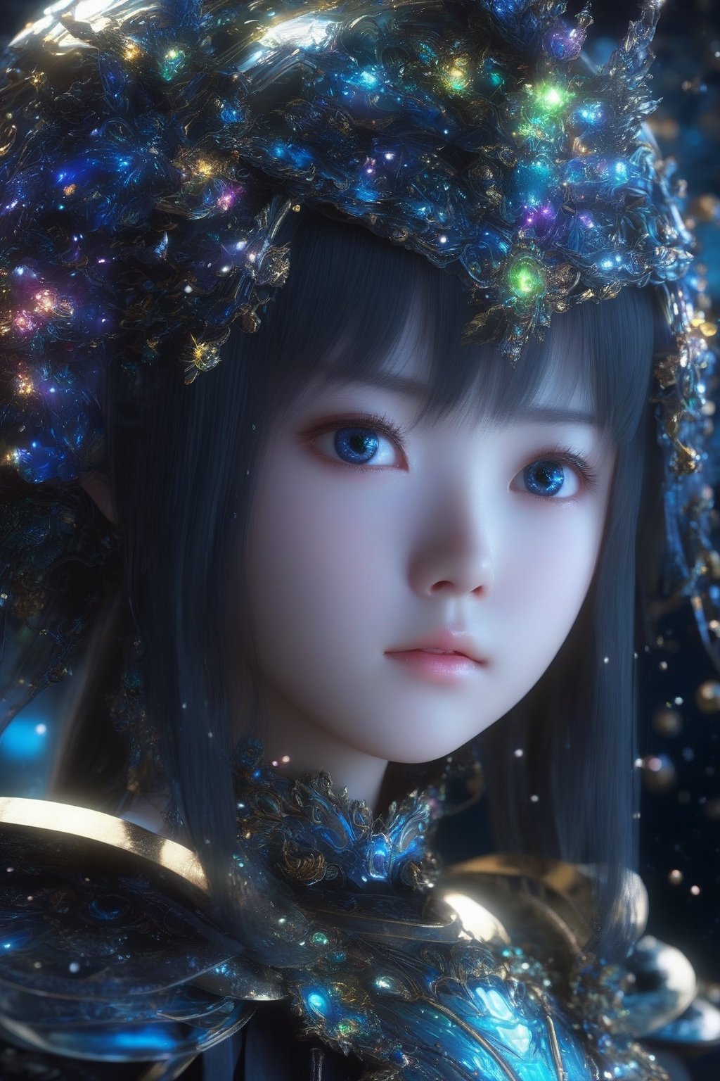 masterpiece, extremely best quality,  official art,  cg 8k wallpaper,  (Fantasy Style:1.1), (face focus,  cute,  masterpiece,  best quality,  1girl,  black background,  solo,  standing,  pixiv:1), 3d,  looking up,  light particle,  highly detailed,  best lighting,  pixiv,  depth of field,  (beautiful face),  fine water surface,  incredibly detailed,  (an extremely  beautiful),  (best quality),yua_mikami,Renaissance Sci-Fi Fantasy,bl3uprint,ksaqua,Enhanced Reality,3D Render Style,Sci-fi ,3l3ctronics