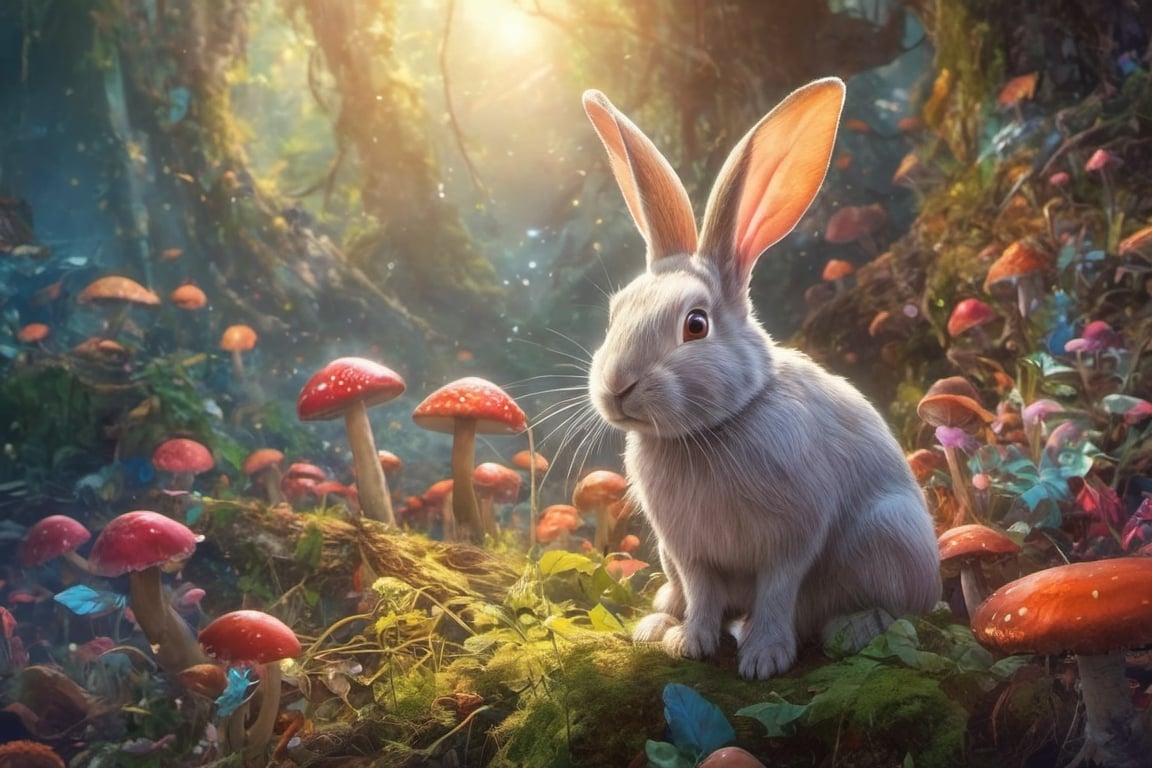 a little rabbit standing in jungle of luminescent fauna of wildly colored mushrooms,full body portrait,seen from below, highly detailed, beautiful colours, masterpiece,
dynamic background, 8k resolution, looking away, masterpiece, best quality, Photorealistic, ultra-high resolution, photographic light, full body, whimsical, league of legends, illustration by MSchiffer, fairytale, sunbeams, best quality, best resolution, cinematic lighting, Hyper detailed, Hyper realistic, masterpiece, atmospheric, high resolution, vibrant, dynamic studio lighting, wlop, Glenn Brown, Carne Griffiths, Alex Ross, artgerm and james jean, spotlight, fantasy, surreal