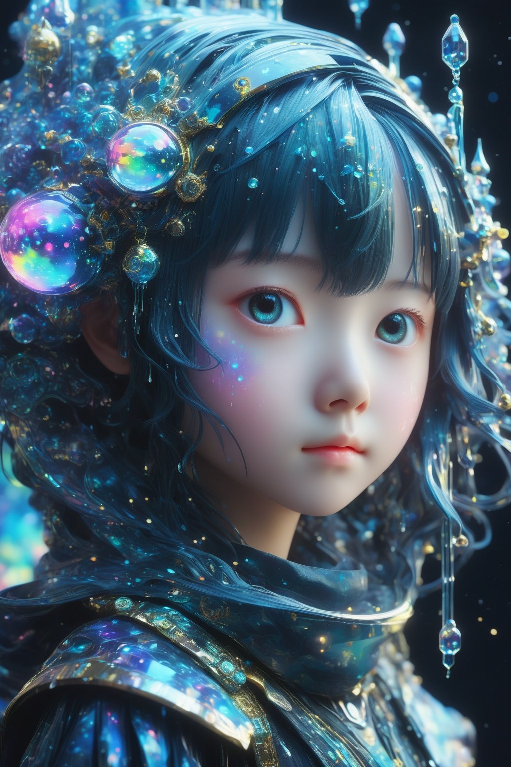 masterpiece, extremely best quality,  official art,  cg 8k wallpaper,  (Fantasy Style:1.1), (face focus,  cute,  masterpiece,  best quality,  1girl,  black background,  solo,  standing,  pixiv:1), 3d,  looking up,  light particle,  highly detailed,  best lighting,  pixiv,  depth of field,  (beautiful face),  fine water surface,  incredibly detailed,  (an extremely  beautiful),  (best quality),yua_mikami,Renaissance Sci-Fi Fantasy,bl3uprint,ksaqua,Enhanced Reality,3D Render Style,Sci-fi ,3l3ctronics,dripping paint,DonMChr0m4t3rr4XLFrontal face, subtle expressions