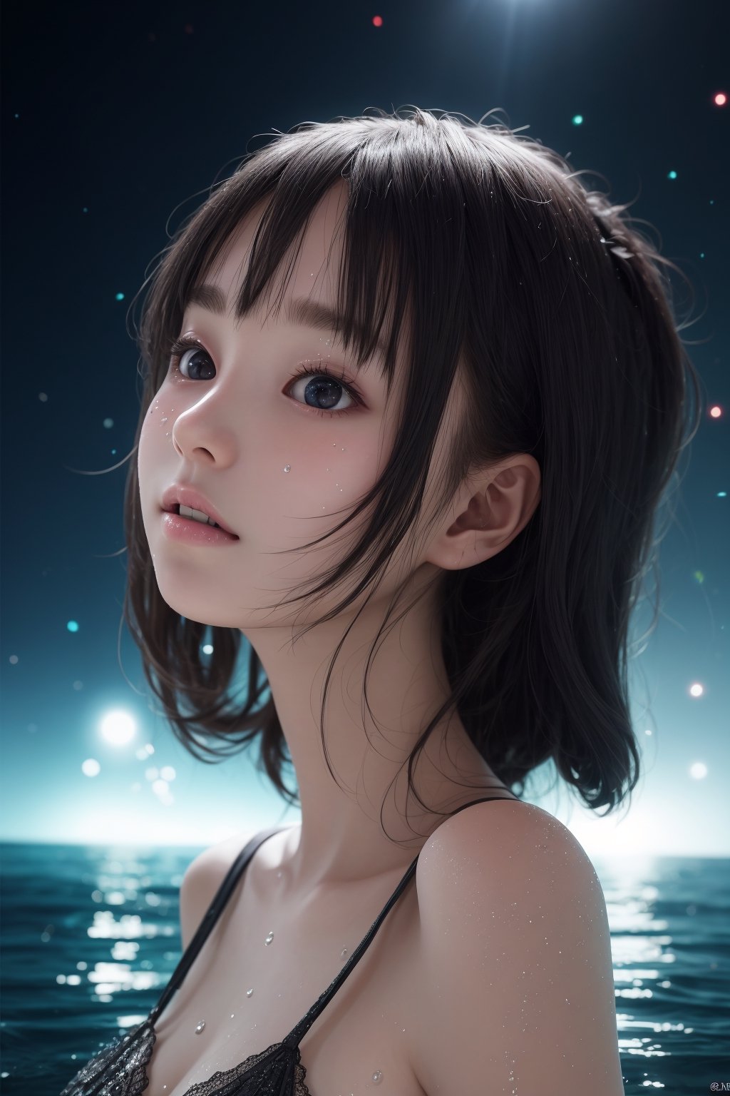 masterpiece, extremely best quality,  official art,  cg 8k wallpaper,  (Fantasy Style:1.1), (face focus,  cute,  masterpiece,  best quality,  1girl,  black background,  solo,  standing,  pixiv:1), 3d,  looking up,  light particle,  highly detailed,  best lighting,  pixiv,  depth of field,  (beautiful face),  fine water surface,  incredibly detailed,  (an extremely  beautiful),  (best quality),yua_mikami