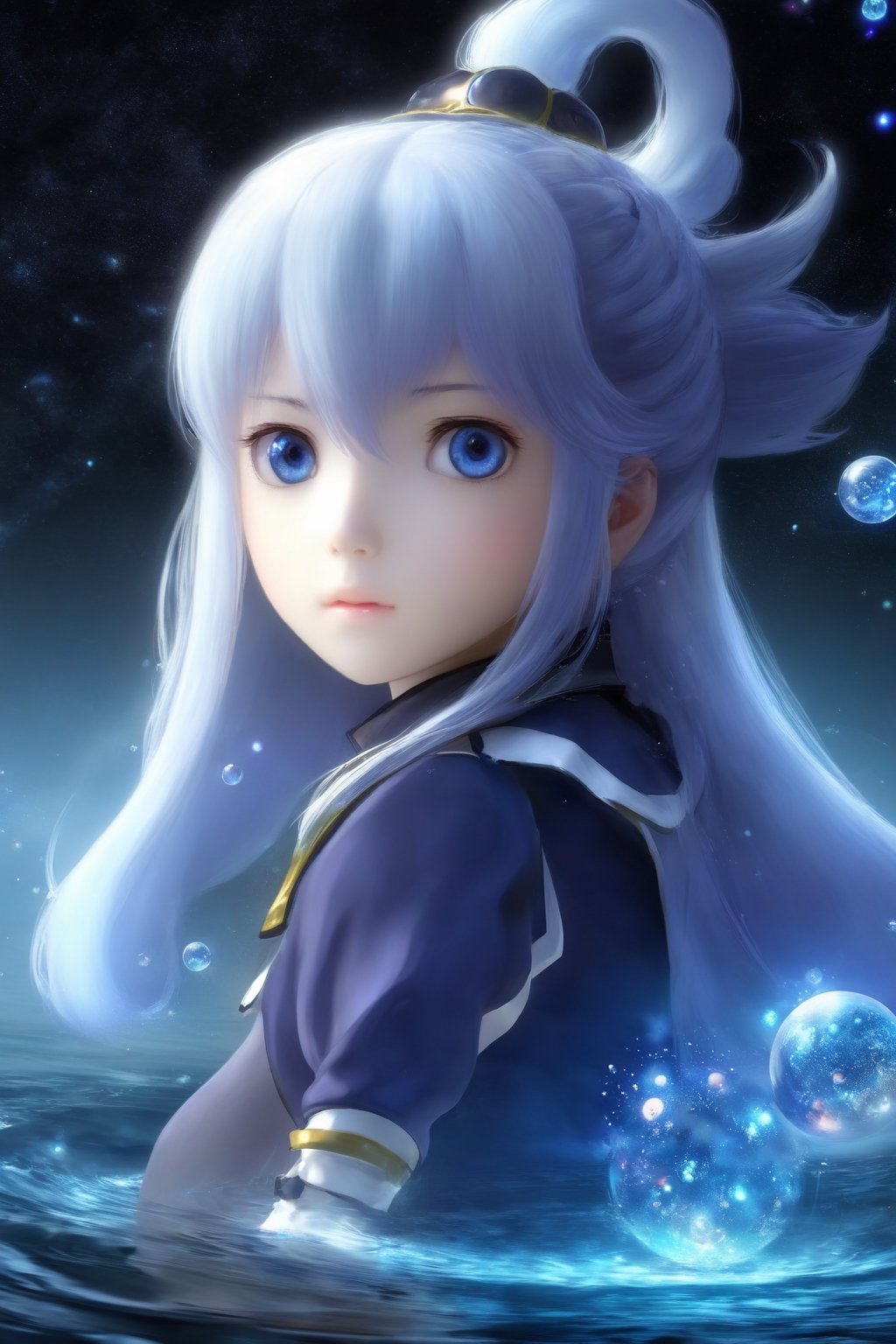 masterpiece, extremely best quality,  official art,  cg 8k wallpaper,  (Fantasy Style:1.1), (face focus,  cute,  masterpiece,  best quality,  1girl,  black background,  solo,  standing,  pixiv:1), 3d,  looking up,  light particle,  highly detailed,  best lighting,  pixiv,  depth of field,  (beautiful face),  fine water surface,  incredibly detailed,  (an extremely  beautiful),  (best quality),yua_mikami,Renaissance Sci-Fi Fantasy,bl3uprint,ksaqua