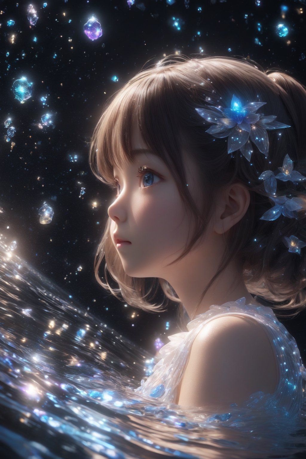 masterpiece, extremely best quality,  official art,  cg 8k wallpaper,  (Fantasy Style:1.1), (face focus,  cute,  masterpiece,  best quality,  1girl,  black background,  solo,  standing,  pixiv:1), 3d,  looking up,  light particle,  highly detailed,  best lighting,  pixiv,  depth of field,  (beautiful face),  fine water surface,  incredibly detailed,  (an extremely  beautiful),  (best quality),yua_mikami,6000