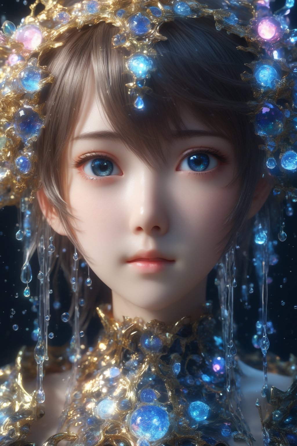 masterpiece, extremely best quality,  official art,  cg 8k wallpaper,  (Fantasy Style:1.1), (face focus,  cute,  masterpiece,  best quality,  1girl,  black background,  solo,  standing,  pixiv:1), 3d,  looking up,  light particle,  highly detailed,  best lighting,  pixiv,  depth of field,  (beautiful face),  fine water surface,  incredibly detailed,  (an extremely  beautiful),  (best quality),yua_mikami,Renaissance Sci-Fi Fantasy,bl3uprint,ksaqua,Enhanced Reality,3D Render Style,Sci-fi ,3l3ctronics,dripping paint,DonMChr0m4t3rr4XLFrontal face, subtle expressions