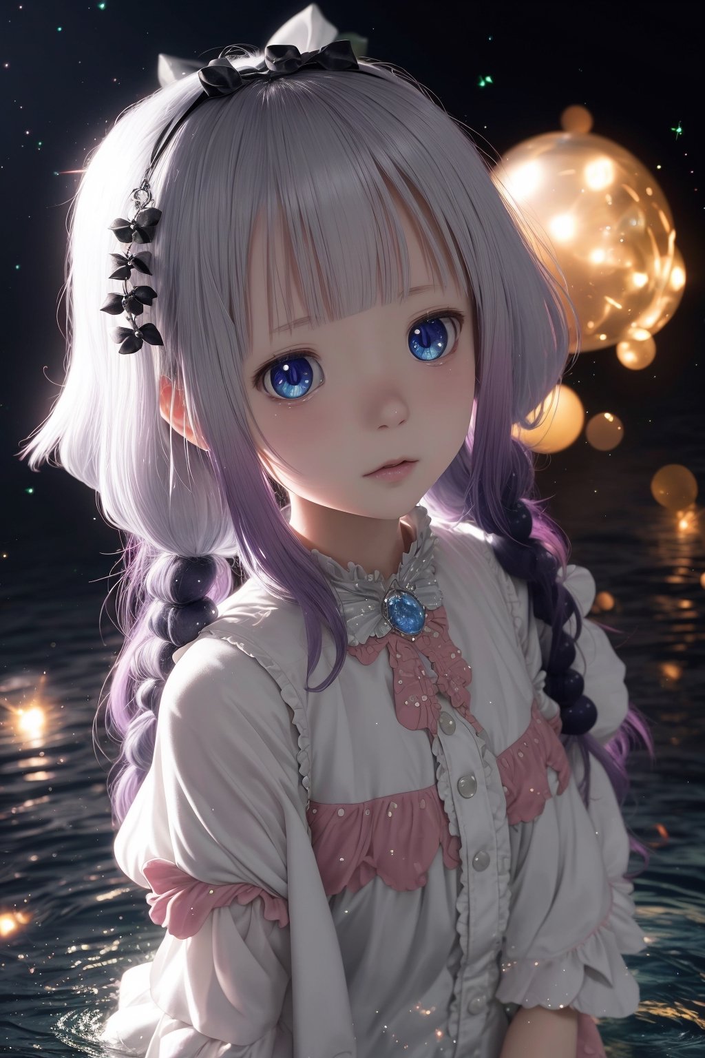 masterpiece, extremely best quality,  official art,  cg 8k wallpaper,  (Fantasy Style:1.1), (face focus,  cute,  masterpiece,  best quality,  1girl,  black background,  solo,  standing,  pixiv:1), 3d,  looking up,  light particle,  highly detailed,  best lighting,  pixiv,  depth of field,  (beautiful face),  fine water surface,  incredibly detailed,  (an extremely  beautiful),  (best quality),yua_mikami,Kanna Kamui 