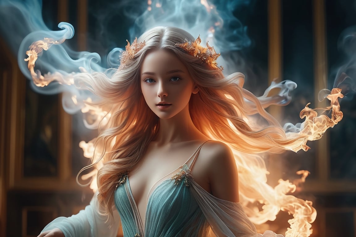 Cinematic results, beautiful fire elemental with detailed long flowy firery hair wearing a veil of vapor and steam holding a lamp, she is in a room surrounded by thick glittery vapor, sense of magic and wonder,  hyperdetailed face,  8k UHD,  Vaporwave,  steam, majolica elements ,fire element, alberto seveso style ,A girl dancing ,NYFlowerGirl