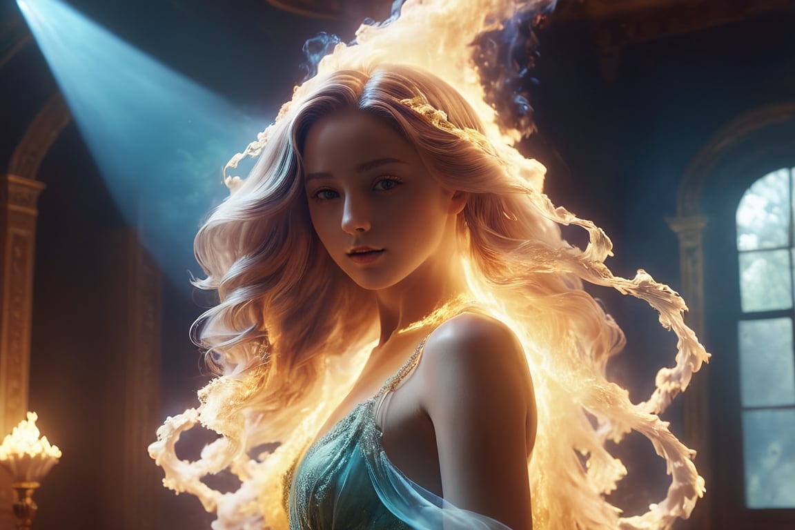 Cinematic results, beautiful fire elemental with detailed long flowy firery hair wearing a veil of vapor and steam holding a lamp, she is in a room surrounded by thick glittery vapor, sense of magic and wonder,  hyperdetailed face,  8k UHD,  Vaporwave,  steam, majolica elements ,fire element, alberto seveso style ,A girl dancing ,NYFlowerGirl