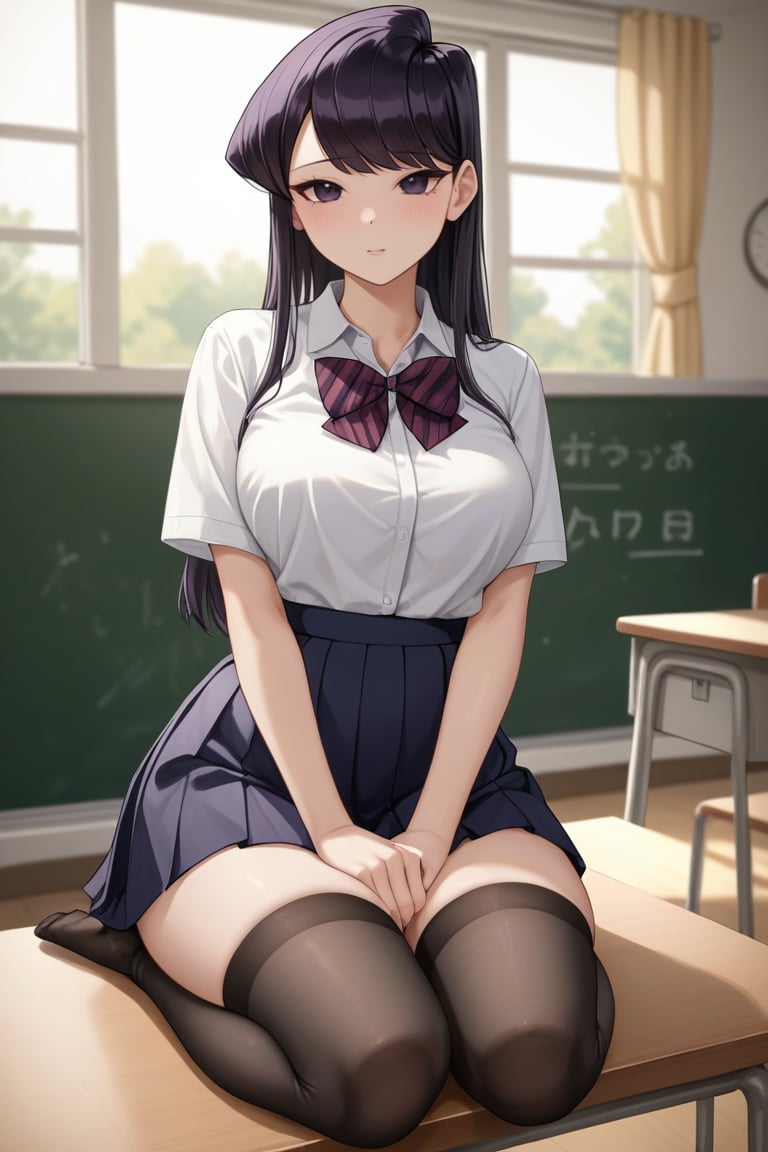 ((Produces a realistic image of a girl)). 1Girl, girl(Komi shouko from komi-san wa komyushou desu with long black and bangs and black eyes, 18 years old fully clothed, school uniform with stockings), score_9, score_8_up, score_7_up, score_6_up, score_5_up, score_4_up, ,extremely detailed, extremely detailed face, soft breasts, inside an empty classroom, thick body, thick thighs, full body, shy pose, extremely shy expression,