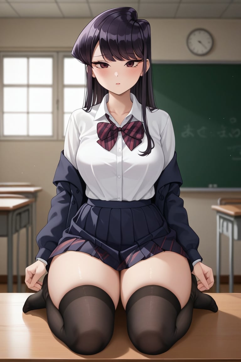 ((Produces a realistic image of a girl)). 1Girl, girl(Komi shouko from komi-san wa komyushou desu with long black and bangs and black eyes, 18 years old fully clothed, school uniform with stockings), score_9, score_8_up, score_7_up, score_6_up, score_5_up, score_4_up, ,extremely detailed, extremely detailed face, soft breasts, inside an empty classroom, thick body, thick thighs, full body, shy pose, extremely shy expression,