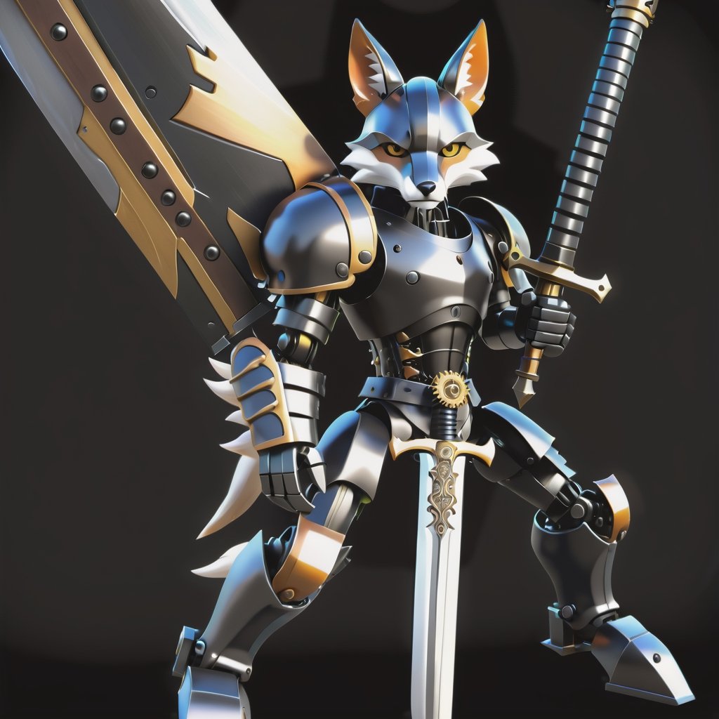 strong robotic fox, male, ((male)) serious, black metal colors, black, realistic animatronics, using yoru sword roblox, ((yoru)) big sword roblox, strong, fox part robot animal, full HD, detailed, real , focus lens 800mm, ((yoru)) roblox, daylight, clear, focus light, black background.  detailed, art, realistic ((detail)) roblox greatsword.  more detail, ((real)),monster,steampunk style