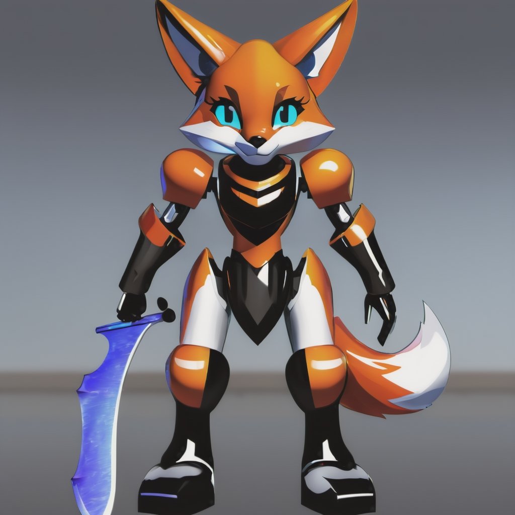 robotic fox, animatronics, using yoru sword roblox, ((yoru)) big sword roblox, strong, fox part robot animal, full HD, detailed, real, focus 800mm lens, ((yoru)) roblox, daylight, clear, focus light, black background.  detailed, art, realistic ((detail)) roblox greatsword.,photo r3al,cyborg style