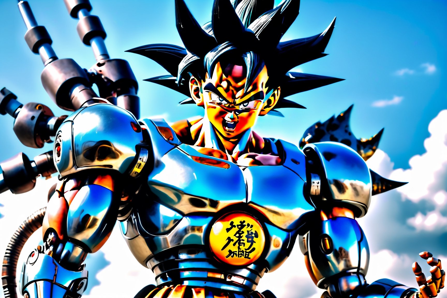 Dragon Ball iron Goku shaped like an animatronics-style robot, blacker, darker, terror, showing his entire strong ((entire)) body, android Goku ((Dragon Ball)) transformed into a super Saiyan ((Saiyajin)), robot, mechanics , powerful , ((detail)) realistic detailed , daylight , in the sky , flying .  8k quality ((full sharpness)), higher, more detailed body, more mechanical, serious, (detail) ((realistic)) ((better detail)) wallpaper.