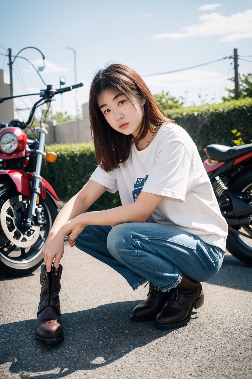 (masterpiece, realistic, ultra high res, high quality:1.2),18 years old cute girl, nakamori akina ,photorealistic, full body, wearing a very short hot pants, a denim jacket, white t shirt, biker boots,Detailedface, squatting,trying to fix a motorcycle 