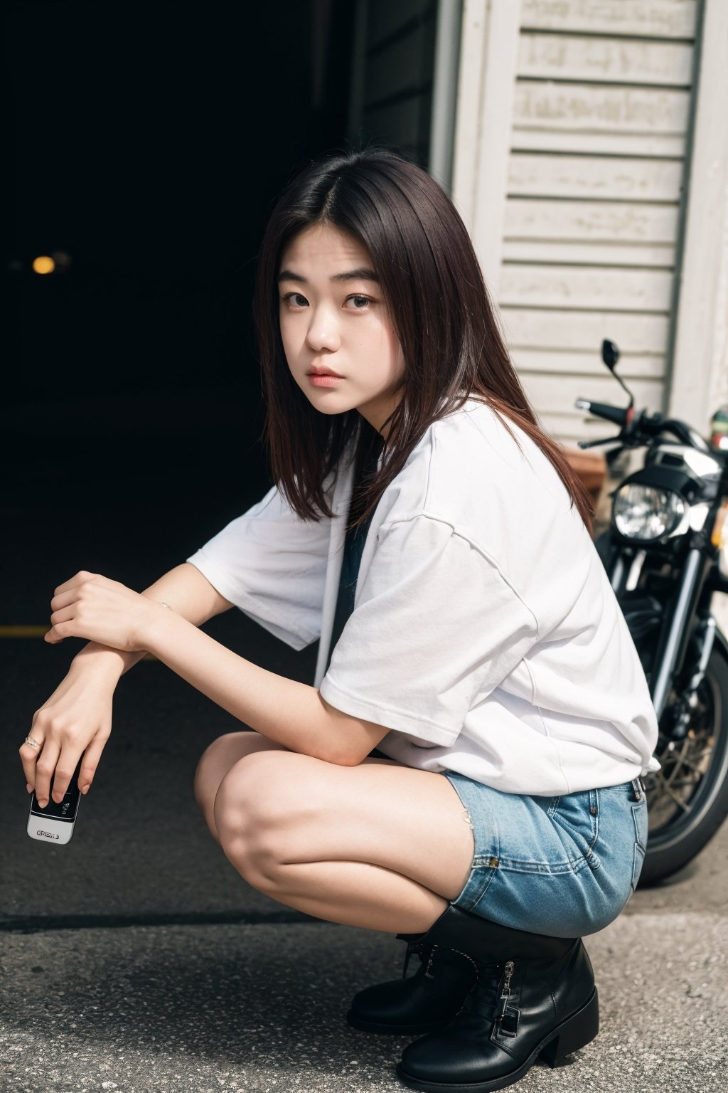 (masterpiece, realistic, ultra high res, high quality:1.2),18 years old cute girl, nakamori akina ,photorealistic, full body, wearing a very short hot pants, a denim jacket, white t shirt, biker boots,Detailedface, squatting,trying to fix a motorcycle 