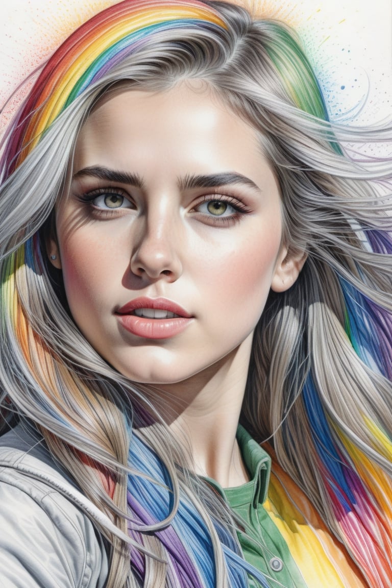 a realistic pencil drawing of a beautiful young woman with long hair,

background in strong crayon colors,

rainbows of colors,

conceptual art,

Very detailed,

intricately detailed,

sharp details,

Hyper realistic,

line art,

pencil drawing,

comic style,

trend in artstation,

sharp focus,

studio photo,

intricate details,

watercolor wash,

coming back to life,

coming out of paper,

16k resolution,

deviantart masterpiece,

Very detailed,

White background,

art by greg rutkowski