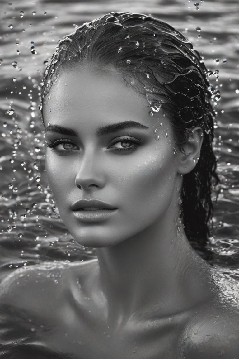 A black and white photograph of a very pretty young woman, with a very pretty face,

very feminine body,

 body in the water,

black and white photography concept,

high resolution,

an engraving,

inspired by Constant Permeke,

covered in water drops,

drops on his face,

porosity in the skin,

hyperrealistic,

splashes in water,

raindrops,

there is space around the figure,

dawn mcteigue,

detailed image,

photorealistic, focus,

details, sunset reflections,

Reflections in the water,

a beauty in black and white,