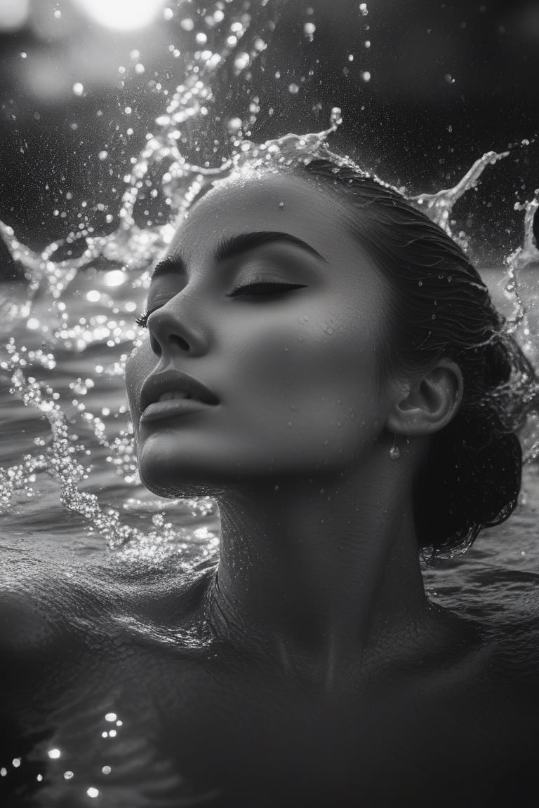 A black and white photograph of a very pretty young woman, with a very pretty face,

very feminine body,

 body in the water,

black and white photography concept,

high resolution,

an engraving,

inspired by Constant Permeke,

covered in water drops,

drops on his face,

porosity in the skin,

hyperrealistic,

splashes in water,

raindrops,

there is space around the figure,

dawn mcteigue,

detailed image,

photorealistic, focus,

details, sunset reflections,

Reflections in the water,

a beauty in black and white,