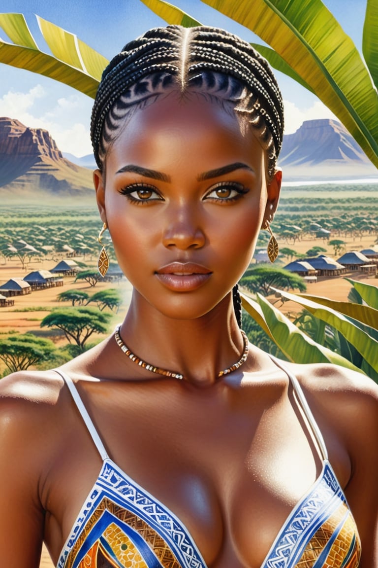 Watercolor illustration of a young and very beautiful woman from Namibia,

very detailed face and body, porous skin,

photorealistic,

with characteristic costumes of the African area,

in the background the villages and the African jungle,

photorealistic, of great pictorial beauty,

shadows and reflections that highlight its beauty,

trend on ArtStation,

sharp focus similar to studio photography,

Intricate details by Greg Rutkowski,

Very detailed,

digital paint,

high resolution and focused