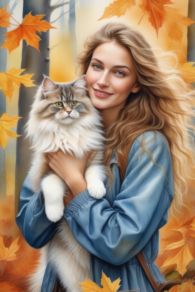 watercolor art,

Albrecht Dürer,

a happy, smiling, beautiful young woman with light skin and brown hair,

light blue eyes with jacket, autumn wind, leaves flying,

a cute fluffy Himalayan cat puppy in his arms,

in a fantasy autumn forest. Magic. Very detailed ultra artistic, lots of watercolor splashing the autumn landscape,

bright, detailed watercolor painting,

Very detailed,

intricate,

intricate pose,

clarity,

high quality,

Watercolor, thick strokes,

variety of pastel colors,

trend in artstation,

sharp focus, very detailed,

Photo studio,

intricate details,

Very detailed,

by greg rutkowski,

his best watercolor painting,

Albrecht Dürer, William Blake,

8k