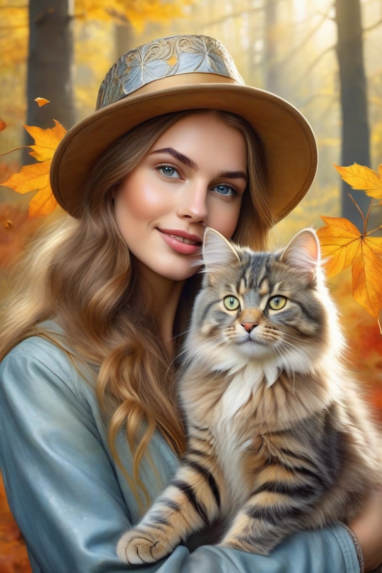 kajenna art,

Victoria Francisco

a happy, smiling, beautiful girl, with light skin and brown hair,

light blue eyes with a gold jacket autumn hat,

a cute fluffy british cat puppy in his arms,

in a fantasy autumn forest. Magic. Very detailed ultra artistic,

detailed digital painting,

Very detailed,

intricate,

intricate pose,

clarity,

high quality,

Watercolor, thick strokes,

variety of pastel colors,

trend in artstation,

sharp focus, very detailed,

Photo studio,

intricate details,

Very detailed,

by greg rutkowski,

his best watercolor painting,

Albrecht Dürer, William Blake,

8k