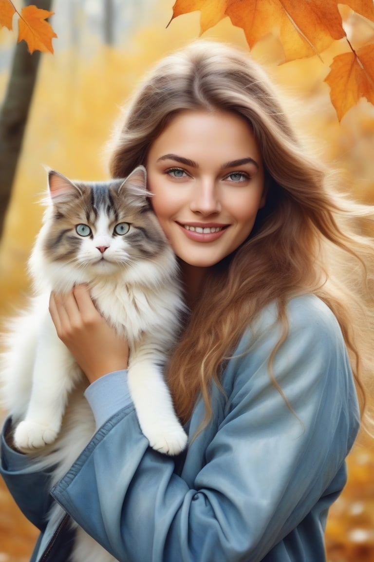 watercolor art,

Albrecht Dürer,

a happy, smiling, beautiful young woman with light skin and brown hair,

light blue eyes with jacket, autumn wind, leaves flying,

a cute fluffy Himalayan cat puppy in his arms,

in a fantasy autumn forest. Magic. Very detailed ultra artistic, lots of watercolor splashing the autumn landscape,

bright, detailed watercolor painting,

Very detailed,

intricate,

intricate pose,

clarity,

high quality,

Watercolor, thick strokes,

variety of pastel colors,

trend in artstation,

sharp focus, very detailed,

Photo studio,

intricate details,

Very detailed,

by greg rutkowski,

his best watercolor painting,

Albrecht Dürer, William Blake,

8k