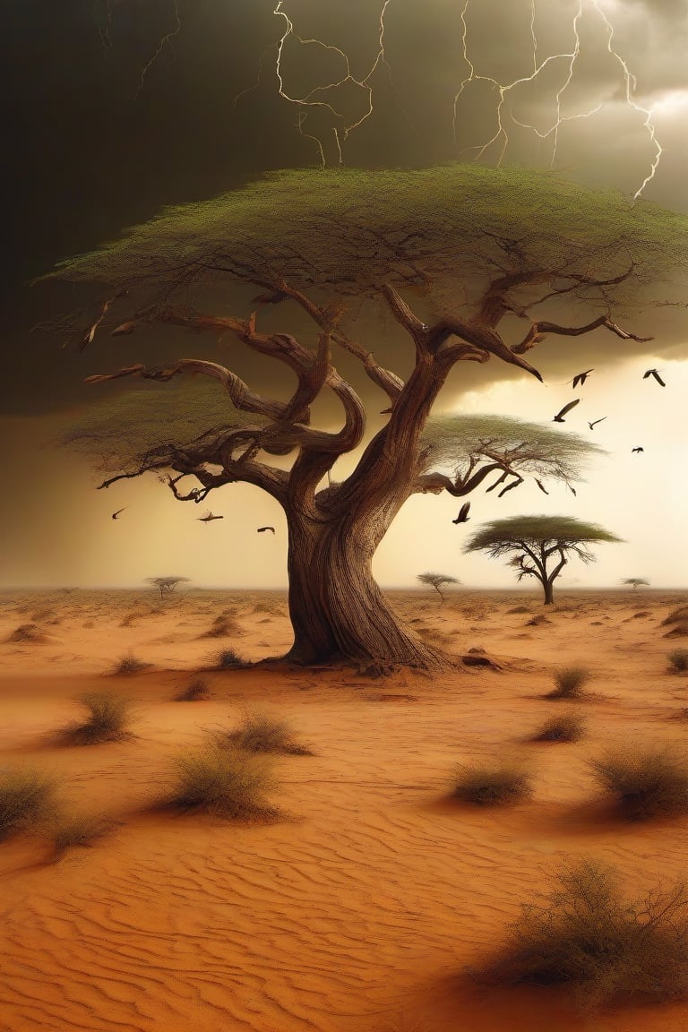 several baoba trees (tree of life), sandy terrain, swirls, windy, running animals, details, color, intensity, desert characteristics, little vegetation, background of a storm, lightning, lighting, light and darkness, chaotic afternoon in Africa , many birds flying, chaos, photographic, cinematic, hyperrealistic, 18k