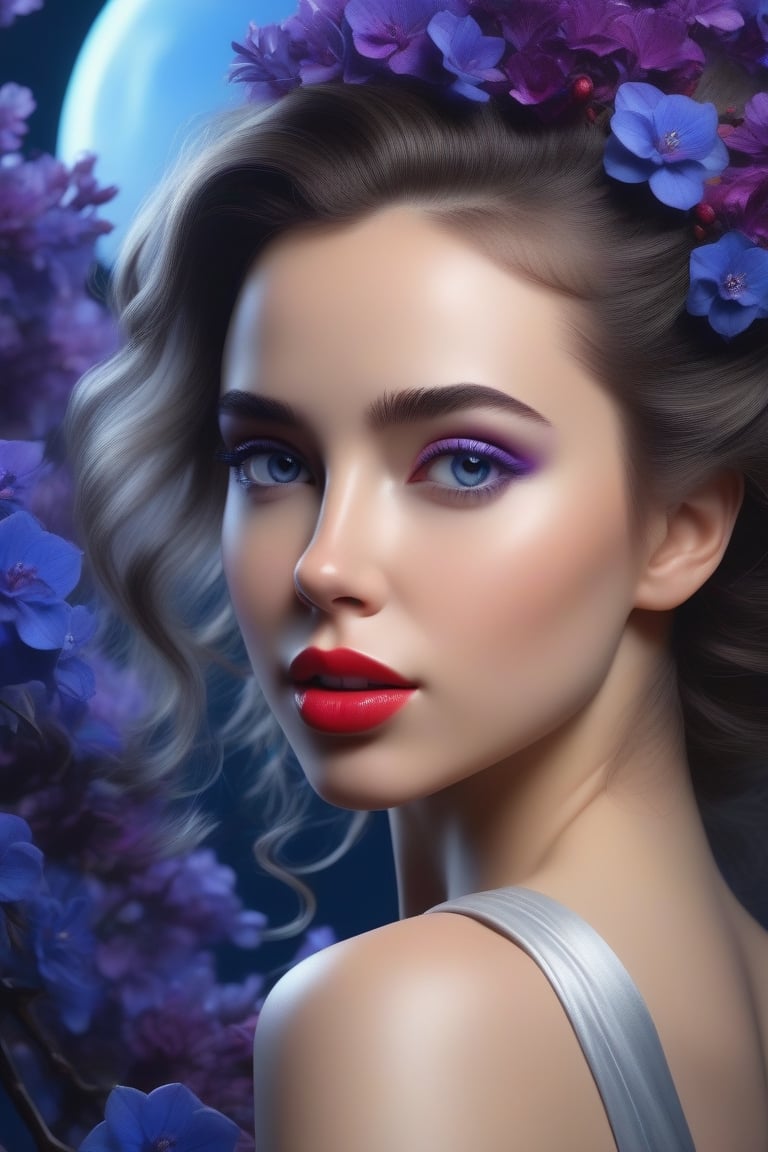 masterpiece, of a very beautiful young woman,

cameron gray poster art,

strands in her hair between white, blue and black,

very detailed face,

skin porosity,

purple red painted lips,

photorealistic,

high resolution,

blue flowers,

blue trees and blue flowers night sky,

Jean-Baptiste Monge style,

brilliant, very relevant,

beautiful in spring,

complex splash background,

digital paint,

8k resolution,

dynamic composition,

3d sense of depth,

depth of field,

lush color,

32k,

super resolution,

sharp focus,

balanced composition,

Very detailed,

intricate fantasy,

Ultra High Definition,

realistic, photorealistic,

vivid colors,

Very detailed,

UHD drawing,

pen and ink,

perfect composition,

Beautiful, detailed, intricate and incredibly detailed octane rendering that is trending on artstation,

8k art photography,

photorealistic conceptual art,

Smooth natural volumetric cinematic perfect light,

very successful contrasts,

worthy of an artist