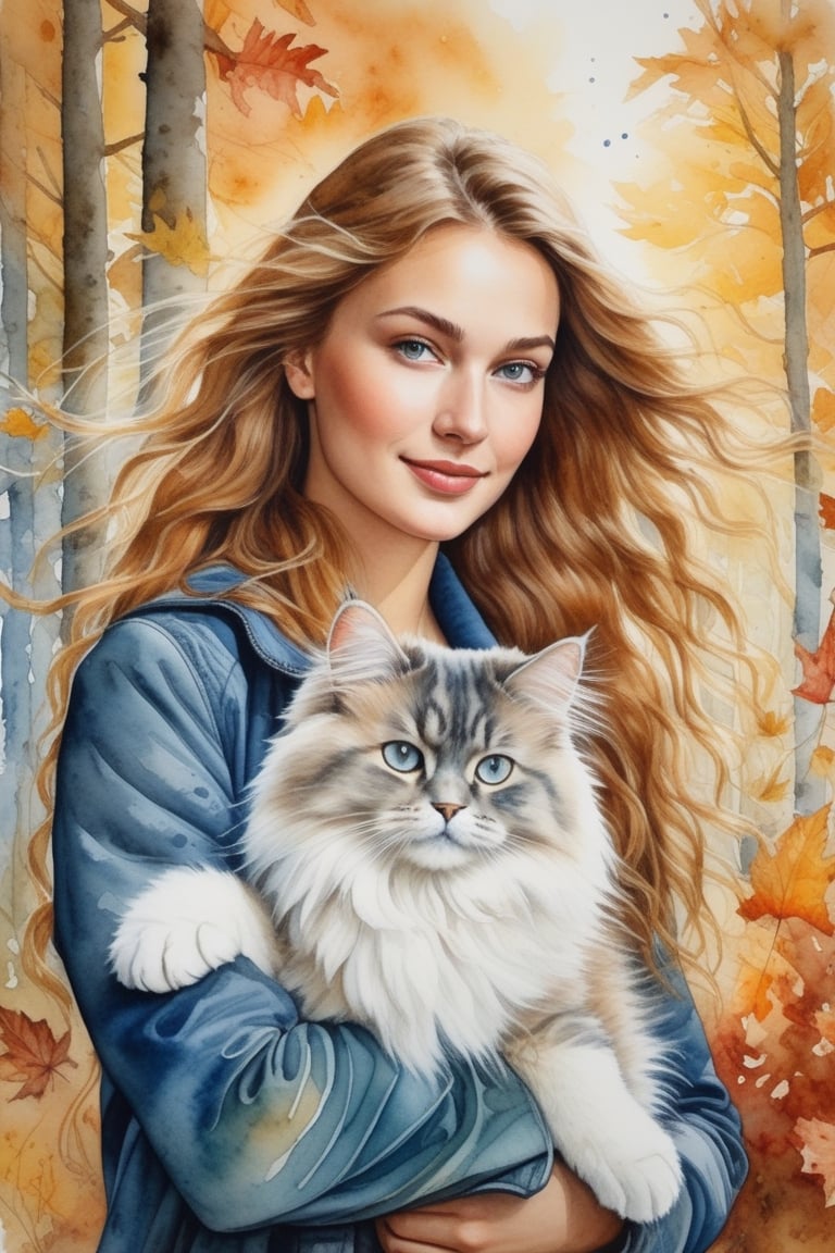 watercolor art,

Albrecht Dürer,

a happy, smiling, beautiful young woman with light skin and brown hair,

light blue eyes with jacket, autumn wind, leaves flying,

a cute fluffy Himalayan cat puppy in his arms,

in a fantasy autumn forest. Magic. Very detailed ultra artistic, lots of watercolor splashing the autumn landscape,

bright, detailed watercolor painting,

Very detailed,

intricate,

intricate pose,

clarity,

high quality,

Watercolor, thick strokes,

variety of pastel colors,

trend in artstation,

sharp focus, very detailed,

Photo studio,

intricate details,

Very detailed,

by greg rutkowski,

his best watercolor painting,

Albrecht Dürer, William Blake,

8k