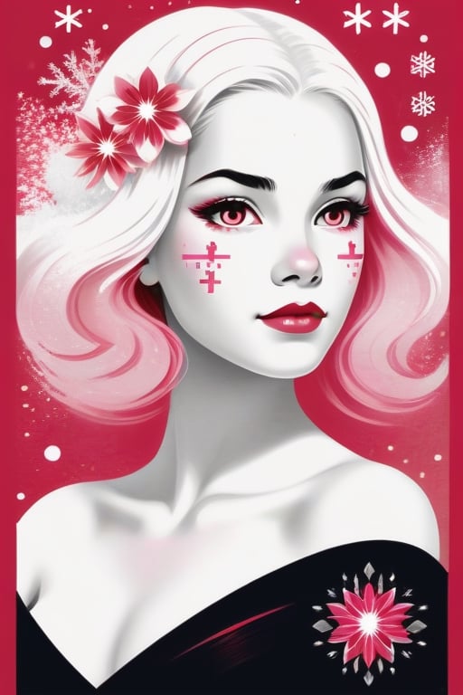 Vintage print design, retro-inspired typography, surrounding an illustration of a face of a young woman, very beautiful, with white and pink hair, illuminated by a cascade of contrasting red tones and white tones of binary code with pink gradient colors of floral symbols with ink Sumi-e symbols. Snow White and the Seven Dwarfs