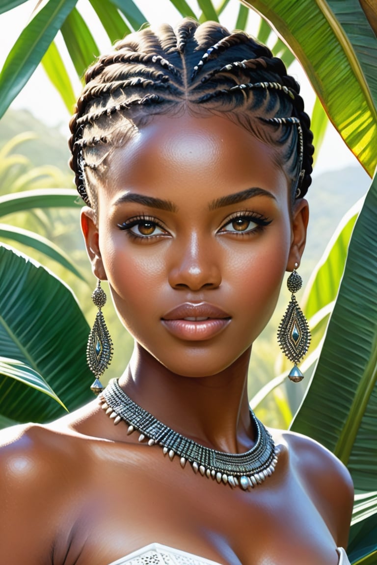 Watercolor illustration of a young and very beautiful woman from Namibia,

very detailed face and body, porous skin,

photorealistic,

with characteristic costumes of the African area,

in the background the villages and the African jungle,

photorealistic, of great pictorial beauty,

shadows and reflections that highlight its beauty,

trend on ArtStation,

sharp focus similar to studio photography,

Intricate details by Greg Rutkowski,

Very detailed,

digital paint,

high resolution and focused