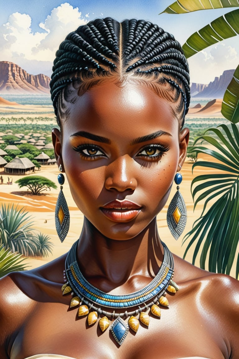 Watercolor illustration of a young and very beautiful woman from Namibia,

very detailed face and body, porous skin,

photorealistic,

with characteristic costumes of the African area,

in the background the villages and the African jungle,

photorealistic, of great pictorial beauty,

shadows and reflections that highlight its beauty,

trend on ArtStation,

sharp focus similar to studio photography,

Intricate details by Greg Rutkowski,

Very detailed,

digital paint,

high resolution and focused