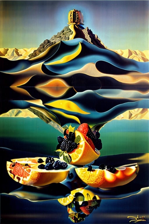 Images of fruits playing,

with mountains and sea background,

reflections in the water,

 surreal,

brilliant composition of surrealism,

((Salvador Dali)),

Very detailed,

colors and reflections,

((painting by Salvador Dalí))